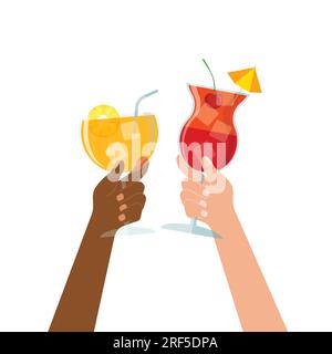 Différentes mains de peau tiennent des verres avec des cocktails d'été. Boissons alcoolisées. Santé concept. Les gens célèbrent noël ou anniversaire. Illustration vectorielle Illustration de Vecteur