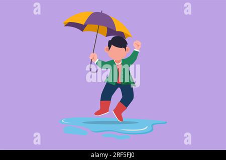 Dessin de style plat dessin mignon petit garçon jouer porter imperméable et parapluie. Enfant jouant sous la pluie. Les enfants en imperméable et bottes en caoutchouc jouent sous la pluie, pu Banque D'Images