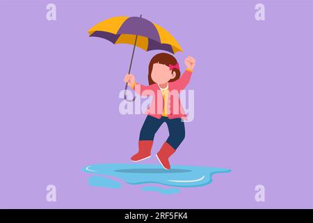 Motif plat graphique dessin mignon petite fille jouer porter imperméable et parapluie. Enfant jouant sous la pluie. Enfant en imperméable et bottes en caoutchouc joue sous la pluie, p Banque D'Images