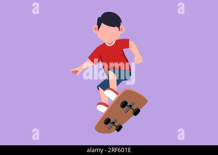 Design plat graphique dessinant adorable petit garçon jouant sur skateboard. Enfants gais accélérant en sautant. Enfants heureux sur la promenade de skateboard Banque D'Images