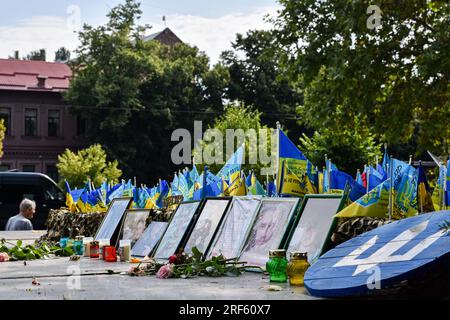 Zaporizhzhia, Ukraine. 31 juillet 2023. Des fleurs séchées sont vues à côté des portraits des soldats et des drapeaux ukrainiens dans un mémorial dédié aux soldats tombés au combat des forces armées ukrainiennes à Zaporizhjhia. Les forces ukrainiennes sont confrontées à des défis importants dans leur poussée vers le sud, avec des avancées modestes et des défenses russes féroces, ce qui rend trop tôt pour revendiquer un succès substantiel, mais les troupes sont très motivées. Crédit : SOPA Images Limited/Alamy Live News Banque D'Images