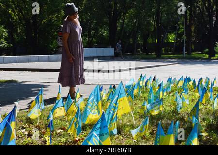 Zaporizhzhia, Ukraine. 31 juillet 2023. Un résident local vu sur le site commémoratif dédié aux soldats tombés au combat des forces armées ukrainiennes à Zaporizhzhia. Les forces ukrainiennes sont confrontées à des défis importants dans leur poussée vers le sud, avec des avancées modestes et des défenses russes féroces, ce qui rend trop tôt pour revendiquer un succès substantiel, mais les troupes sont très motivées. Crédit : SOPA Images Limited/Alamy Live News Banque D'Images