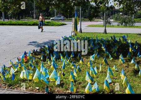 Zaporizhzhia, Ukraine. 31 juillet 2023. Un résident local vu passer à côté du site commémoratif dédié aux soldats tombés au combat des forces armées ukrainiennes à Zaporizhzhia. Les forces ukrainiennes sont confrontées à des défis importants dans leur poussée vers le sud, avec des avancées modestes et des défenses russes féroces, ce qui rend trop tôt pour revendiquer un succès substantiel, mais les troupes sont très motivées. Crédit : SOPA Images Limited/Alamy Live News Banque D'Images