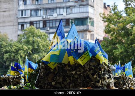 Zaporizhzhia, Ukraine. 31 juillet 2023. Des fleurs séchées sont vues à côté des drapeaux ukrainiens dans un mémorial dédié aux soldats tombés au combat des forces armées ukrainiennes à Zaporizhjhia. Les forces ukrainiennes sont confrontées à des défis importants dans leur poussée vers le sud, avec des avancées modestes et des défenses russes féroces, ce qui rend trop tôt pour revendiquer un succès substantiel, mais les troupes sont très motivées. (Photo Andriy Andriyenko/SOPA Images/Sipa USA) crédit : SIPA USA/Alamy Live News Banque D'Images