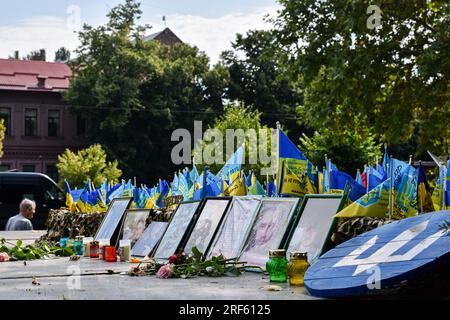 Zaporizhzhia, Ukraine. 31 juillet 2023. Des fleurs séchées sont vues à côté des portraits des soldats et des drapeaux ukrainiens dans un mémorial dédié aux soldats tombés au combat des forces armées ukrainiennes à Zaporizhjhia. Les forces ukrainiennes sont confrontées à des défis importants dans leur poussée vers le sud, avec des avancées modestes et des défenses russes féroces, ce qui rend trop tôt pour revendiquer un succès substantiel, mais les troupes sont très motivées. (Photo Andriy Andriyenko/SOPA Images/Sipa USA) crédit : SIPA USA/Alamy Live News Banque D'Images