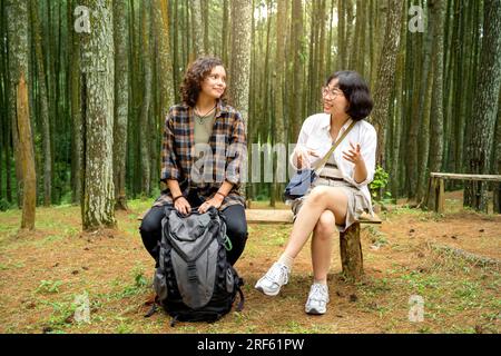 Deux femmes asiatiques trekking ensemble dans la forêt. Activité de voyage Banque D'Images