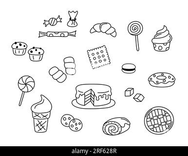 Desserts vecteur doodles. Éléments de nourriture sucrée isolés noir sur fond blanc. Illustration de contour dessiné à la main de gâteau, bonbons, cupcake, sucettes Illustration de Vecteur