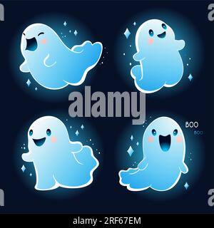 Ensemble de fantômes mignons avec des émotions différentes dans le style Kawaii. Halloween collection de petits fantômes. Illustration vectorielle EPS10 Banque D'Images