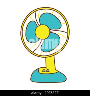 Ventilateur électrique de bureau de couleur bleue. Refroidissement de l'unité de climatisation par temps chaud. Illustration isolée vectorielle colorée dessinée à la main avec contour. Icône o Illustration de Vecteur
