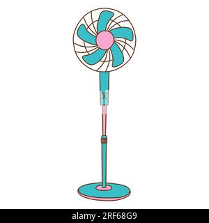 Ventilateur de plancher de couleur rose et bleu. Refroidissement de l'unité de climatisation par temps chaud. Illustration isolée vectorielle colorée dessinée à la main avec contour. Icône ou ca Illustration de Vecteur