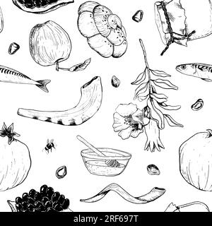 Motif sans couture vectoriel juif Rosh Hashanah en noir et blanc avec des fleurs de fruits de grenade, miel, challah shofar Illustration de Vecteur