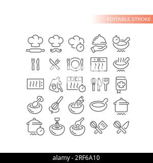 Jeu d'icônes vectorielles de préparation des aliments, de recette et d'instructions. Icônes de cuisine maison, de temps, de casserole et de pot. Illustration de Vecteur