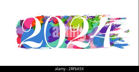 Logo festif de 2024. Bonne année. Numéro de style créatif dessiné à la main 20 24, taches colorées avec masque vectoriel. Effets multiplicateurs Illustration de Vecteur