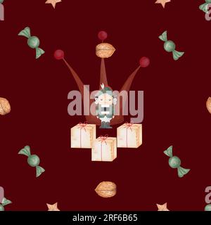 casse-noisette motif de noël aquarelle avec couronne, noix, couronne, bonbons. Motif du nouvel an pour les textiles, serviettes de table, nappes, pyjamas Banque D'Images