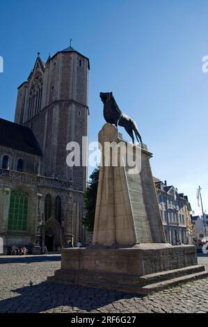 St. Cathédrale de Blasii et statue du Lion, Burgplatz, Brunswick, Basse-Saxe, Allemagne, Castle Lion Banque D'Images