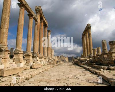 Collonade Street, vue du temple de Zeus, Gerasa, Cardo Maximus, ancienne ville romaine, Jerash, Colonnes, Jordan Banque D'Images