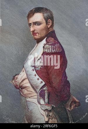 Napoléon Bonaparte, 15. Août 1769 - 5. Mai 1821, war ein französischer Staatsmann und Militärführer, der während der Französischen Revolution zu großer Bekanntheit gelangte und während der Französischen Revolutionskriege mehrere erfolgreiche Feldzüge führte, digitale verbesserte Reproduktion eines Originaldrucks aus dem 19. Jahrhundert / Napoléon Bonaparte, 15 août 1769 - 5 mai 1821, était un homme d'État français et chef militaire qui a pris de l'importance pendant la Révolution française et a mené plusieurs campagnes réussies pendant les guerres de la Révolution française, reproduction numérique améliorée d'un o Banque D'Images