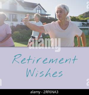 Composition du texte de souhaits de retraite sur les personnes âgées diverses pratiquant le yoga Banque D'Images