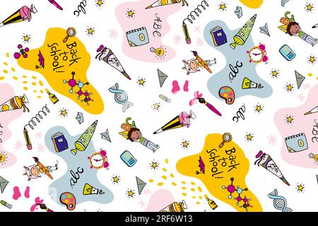 Motif décoratif d'anniversaire ou d'école sans couture - objets d'école de dessins animés colorés dessinés à la main. Grillades colorées dessinées à la main. Convient au papier d'emballage Illustration de Vecteur