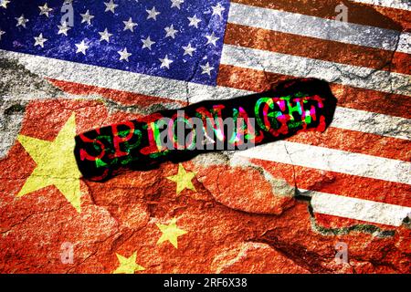 Fohnen von USA und China auf gerissenem Grund mit dem Schriftzug Spionage Banque D'Images