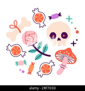 Joyeux Halloween. Vector mignon ensemble de crâne, os, rose, agaric mouche, bonbons dans des couleurs à la mode pour carte postale, flyer, bannière Illustration de Vecteur