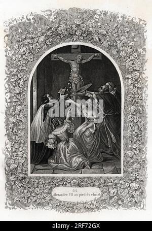 Alexandre VII (Alexandre ou Alessandro) (pape de 1655 a 1667) au pied du christ. Gravure pour illustrer Histoire des papes par Maurice Lachatre ( 1814-1900), librairie du progres, Paris. Banque D'Images