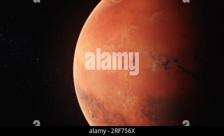 Animation 3D réaliste de Mars tournant dans l'espace sombre. Étoiles, galaxies en arrière-plan. Planète du système solaire. Colonisation humaine future et concept d'exploration de l'univers. Progrès technologique. Banque D'Images