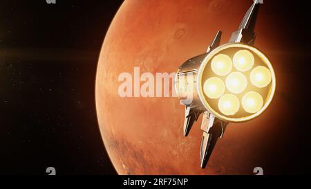 Animation 3D réaliste de vaisseau spatial volant sur Mars dans l'espace extra-atmosphérique sombre. Mission spatiale habitée de recherche sur la planète rouge. Colonisation humaine future et concept d'exploration de l'univers. Progrès technologique. Banque D'Images