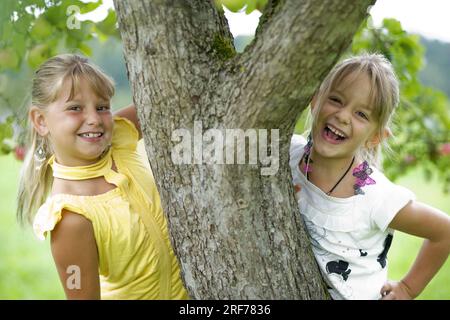 Zwei blonde fröhliche Mädchen unter einem Apfelbaum, 7 Jahre alt, lachen vergnügt in die Kamera, Park, Garten, Obstgarten, Banque D'Images