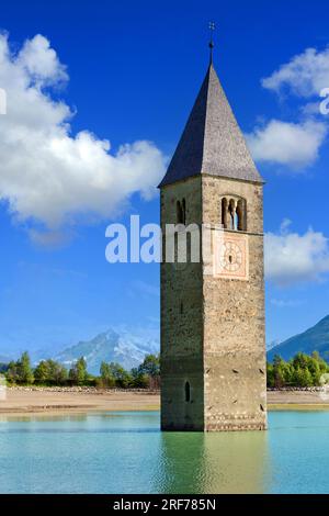 Kirche von Alt-Graun im Reschensee, Vinschgau, Suedtirol, Italien - Église d'Alt-Graun dans le lac Reschensee, Vinschgau, Tyrol du Sud, Italie Banque D'Images