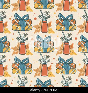 Modèle sans couture d'automne confortable avec des feuilles, plaid chaud et des fleurs Illustration de Vecteur