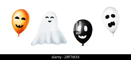Ensemble aquarelle Halloween avec des ballons et illustration fantôme mignonne avec des visages effrayants. Peinture à la main orange, noir, croquis de ballon blanc isolé sur WHI Banque D'Images