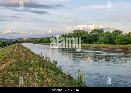 Voie navigable avec des arbres au coucher du soleil. Château en arrière-plan. Beau ciel avec de grands nuages blancs. Paysage calme d'été. Trencin, Slovaquie Banque D'Images