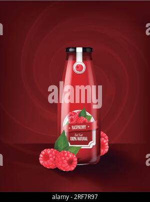 Bouteille en verre réaliste de jus de framboise, pour advernig. maquette de modèle de boisson. Illustration de Vecteur
