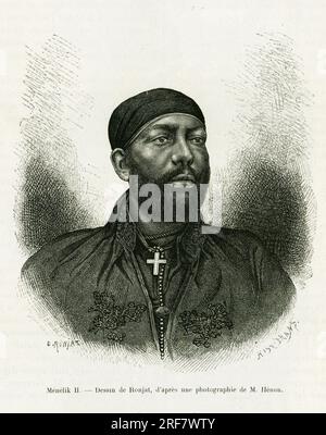 Portrait du prince Menelik II d'Ethiopie ( 1844- 1913). Gravure de Ronjat, d'après une photographie , pour illustrer le récit Voyage au Choa ( Abyssinie meridionale), en 1884-1888, par Henry Audon, dans le tour du monde 1889, sous la direction d'Edouard Charton ( 1807-1890), Hachette, Paris. Banque D'Images