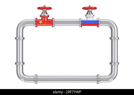 Le gazoduc avec vannes et drapeaux Chine et Russie avec espace libre pour votre conception sur un fond blanc. Rendu 3D. Banque D'Images