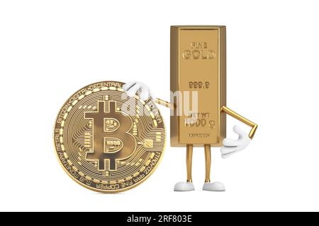 Golden Bar Cartoon Person Mascot de personnage avec crypto-monnaie Golden Bitcoin coin sur un fond blanc. Rendu 3D. Banque D'Images