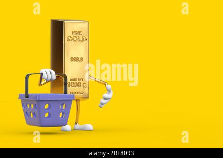 Golden Bar Cartoon Person personnage Mascot avec Cartoon Shopping basket sur un fond jaune. Rendu 3D. Banque D'Images