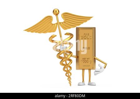Golden Bar Cartoon Person personnage Mascot avec Golden Medical Caduceus Symbol sur un fond blanc. Rendu 3D. Banque D'Images
