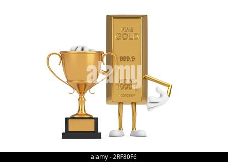 Golden Bar Cartoon Person personnage Mascot avec Golden Award Trophy sur un fond blanc. Rendu 3D. Banque D'Images