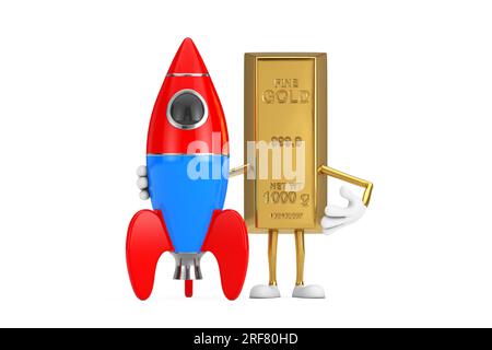 Golden Bar Cartoon Person personnage Mascot avec Cartoon Toy Rocket sur un fond blanc. Rendu 3D. Banque D'Images