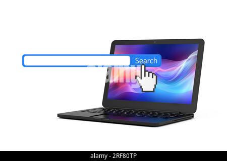 Ordinateur portable moderne avec fenêtre de navigateur de moteur de barre de recherche d'Internet sur un fond blanc. Rendu 3D. Banque D'Images