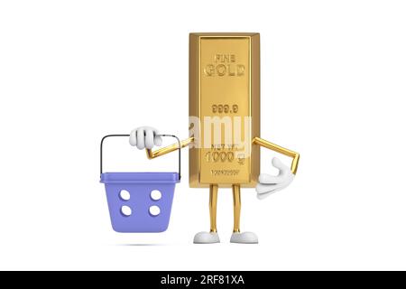 Golden Bar Cartoon Person personnage Mascot avec Cartoon Shopping basket sur un fond blanc. Rendu 3D. Banque D'Images