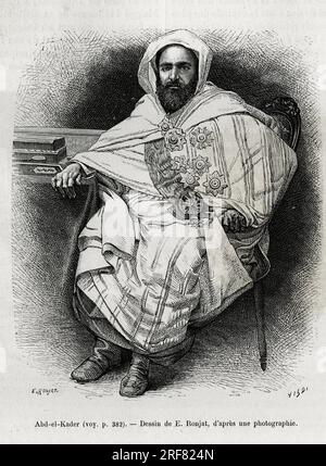 Portrait d'Abd El Kader (1808-1883) emir et sultan algerien, theologien soufi, homme politique et resistant militaire face a l'armée coloniale française, egage ecrivain, poete et philosophe. Gravure de E.Ronjat, pour illustrer le récit la Syrie d'aujourd'hui, par M.Lortet, doyen de la faculté de médecine de Lyon, charge d'une mission par le ministère de l'instruction publique, publiée dans le Tour du monde, sous la direction d'Edouard Charton (1807-1890), 1882, Paris. Banque D'Images