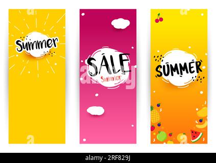 Définir la bannière verticale d'été avec la place pour le texte. Design de bannière de mise en page d'été de vente colorée. Offre de réduction. Fruits sur fond jaune. Vector illustr Illustration de Vecteur
