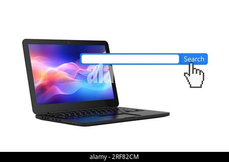 Ordinateur portable moderne avec fenêtre de navigateur de moteur de barre de recherche d'Internet sur un fond blanc. Rendu 3D. Banque D'Images