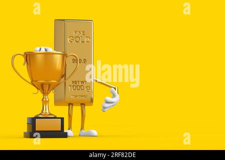 Golden Bar Cartoon Person personnage Mascot avec Golden Award Trophy sur un fond jaune. Rendu 3D. Banque D'Images