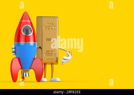 Golden Bar Cartoon Person personnage Mascot avec Cartoon Toy Rocket sur un fond jaune. Rendu 3D. Banque D'Images