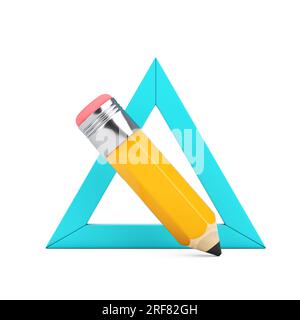 Crayon icône de dessin animé avec règle Triangle sur un fond blanc. Rendu 3D. Banque D'Images