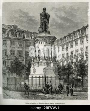 La statue de Luis Vaz de Camoens ( dit le camoens, 1525-1580) poete portugais, a Lisbonne. Gravure de Barclay, pour illustrer le recit une semaine a Lisbonne, par Jules Leclercq, publication dans le Tour du monde, sous la direction d'Edouard Charton ( 1807-1890), 1881, Paris. Banque D'Images